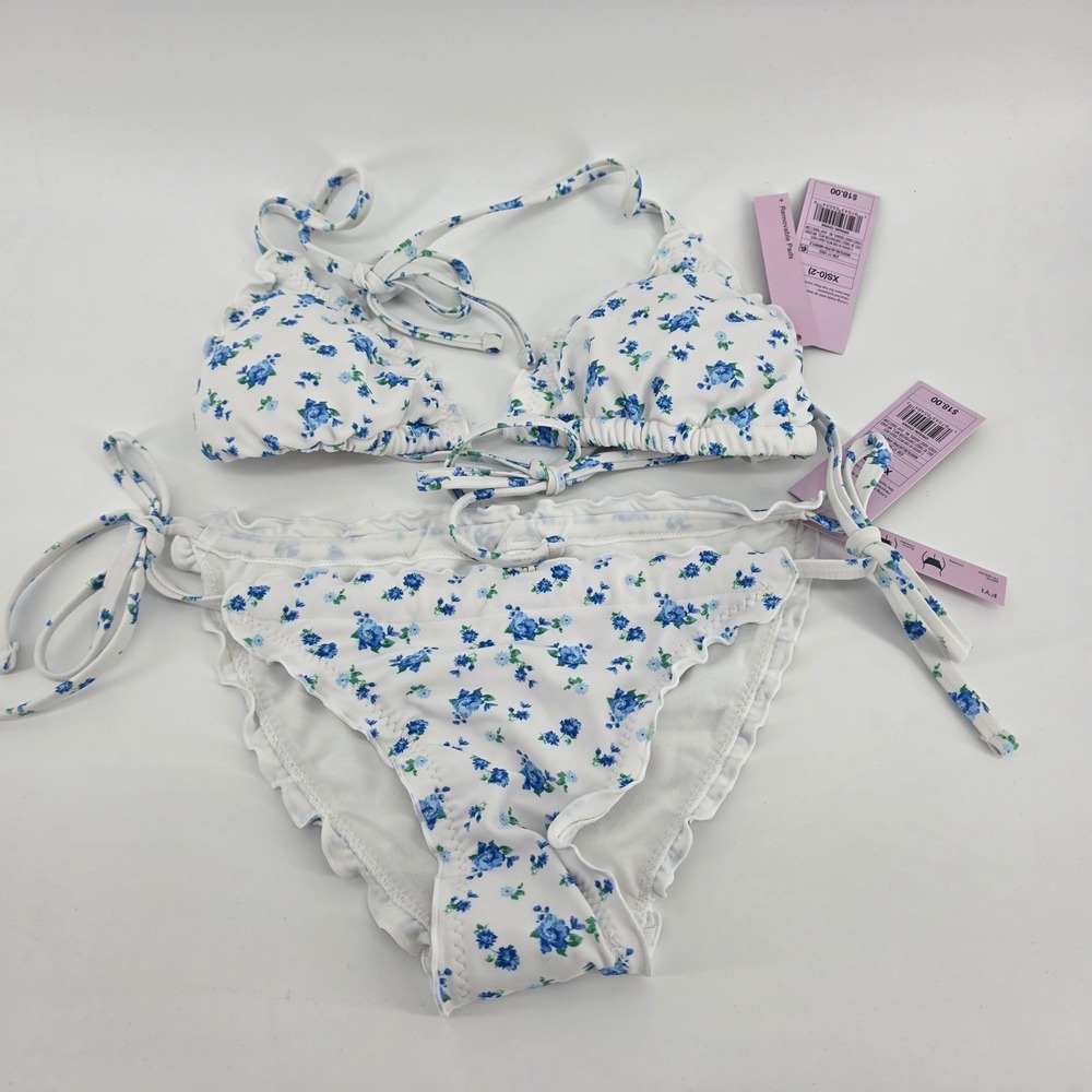 Wild Fable Blue Floral Triangle Bikini Set White Ruffle Trim XS 0-2 NWT 688